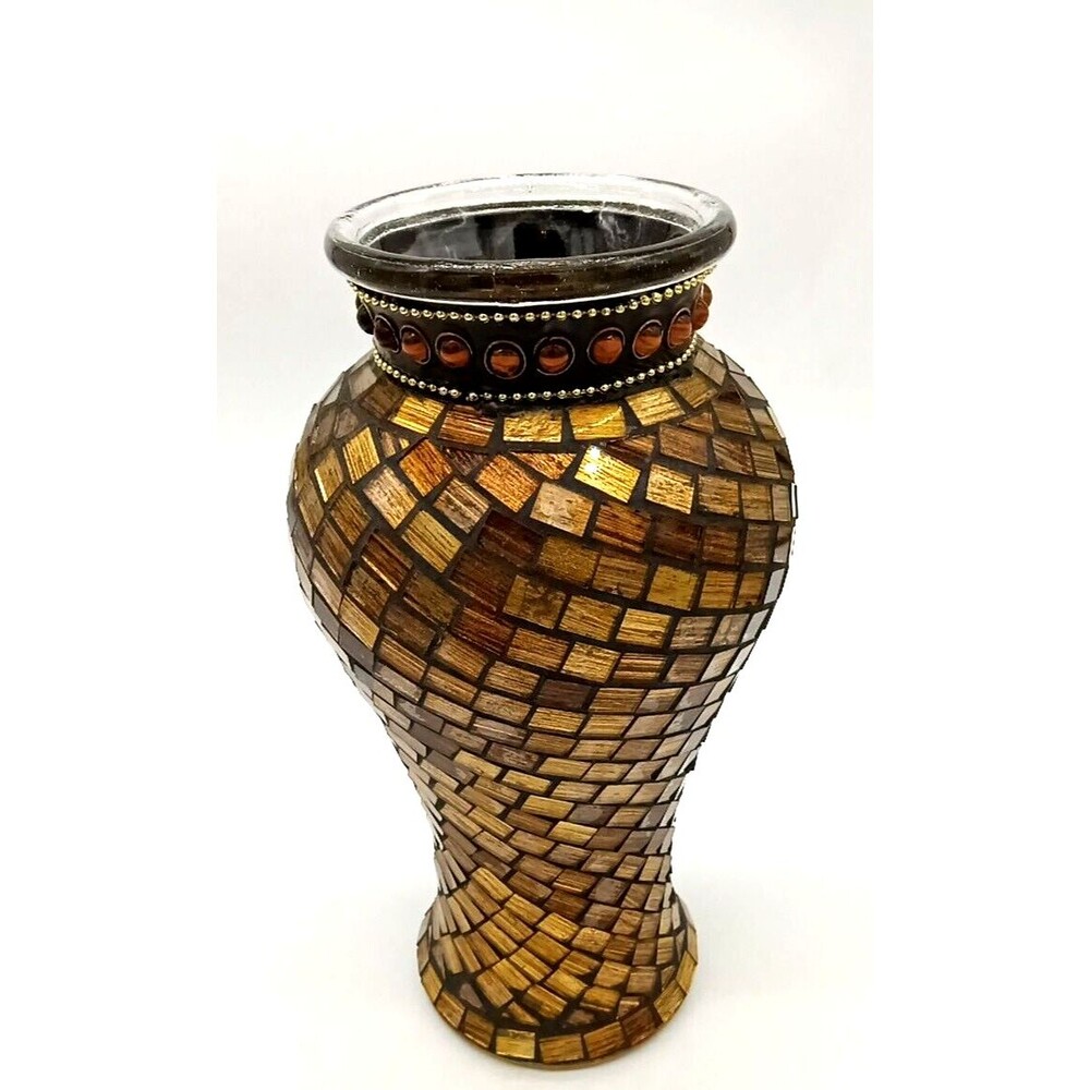 Vintage Brown Amber/Gold 11" Mosaic Heavy Vase Pacific Rim